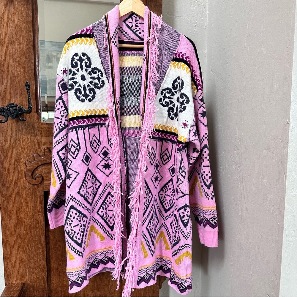 Boho Open Front Pink Aztec Geometric Print Fringe Cardigan Sweater